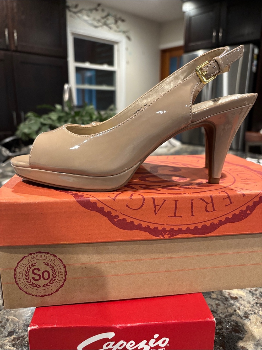 Bandolino Nude Patent Slingback Peep-Toe Heel
